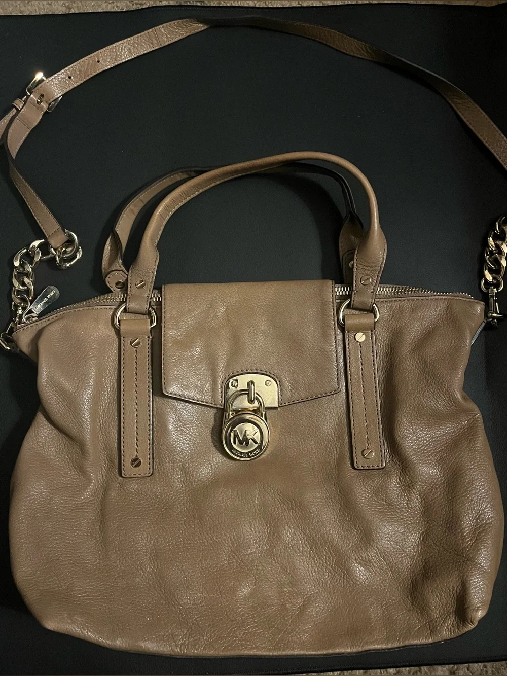 Michael Kors Brown Leather Shoulder Satchel with Gold Tone Lock